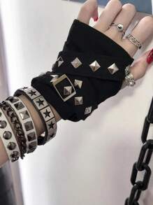 1pair Cool Rope Cross Rivet Gloves Hip Hop Korean Style Fingerless Gloves Punk Gothic Short Arm Warmer Outdoors,Halloween Clothing Accessories