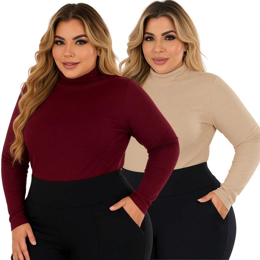 Kit 2 Women's Plus Size Cacharrel Blouse Long Sleeve High Neck Ribbed G1 To G3 - Wine and Beige - View 1