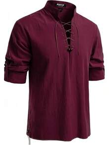 Men's Pure Cotton Retro Lace Up Shirts For Renaissance Pirate Viking Medieval - Burgundy Retro - View 1