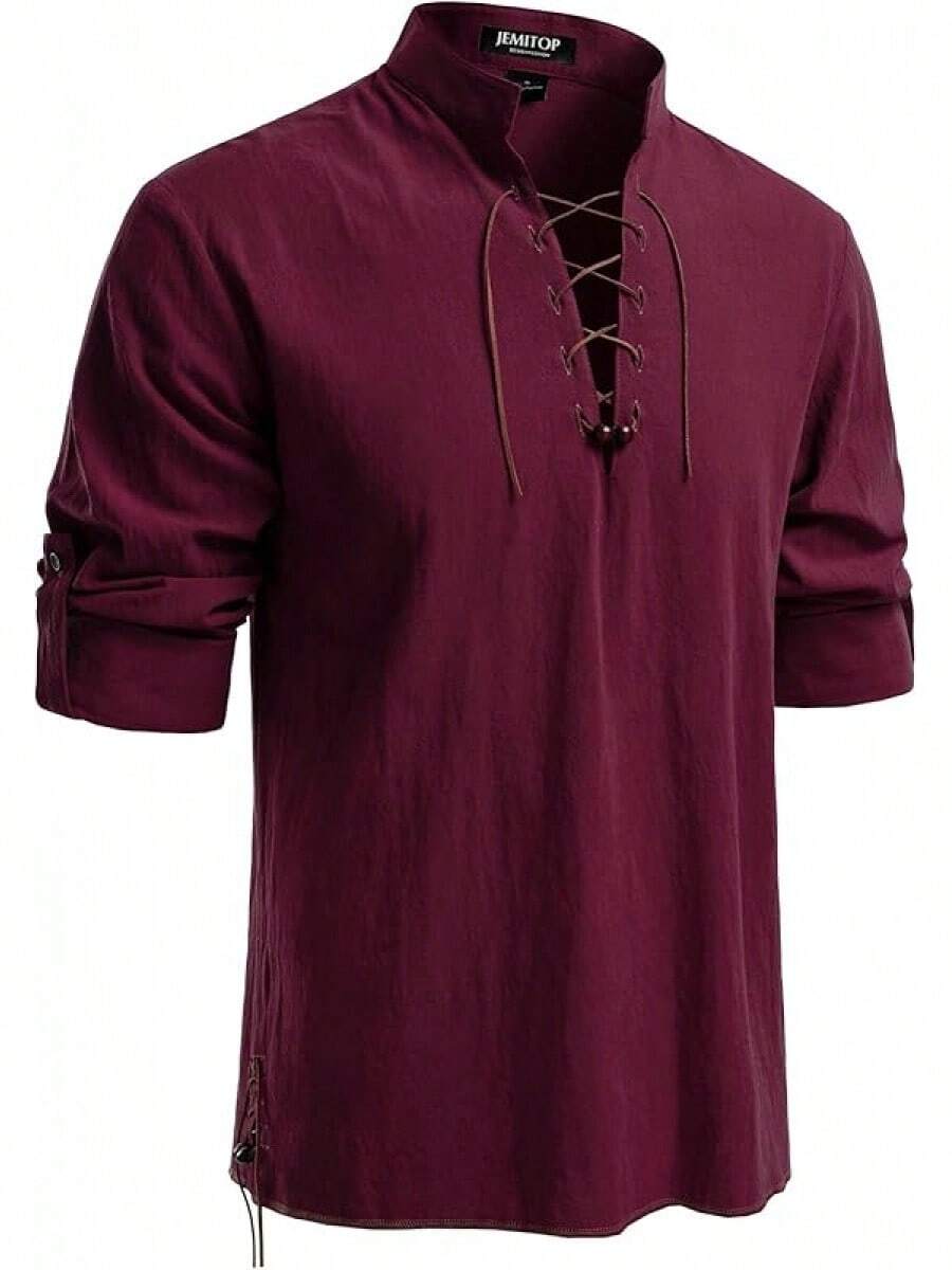 Men's Pure Cotton Retro Lace Up Shirts For Renaissance Pirate Viking Medieval - Burgundy Retro - View 1