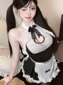 1 套撞色角色扮演服装春夏秋季性感内衣蕾丝拼布围裙女仆制服套装（含丁字裤）万圣节 - 黑與白 - 查看 3