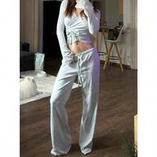 Wom Ballet Wrap Tops Sets Athletic Pilates Tie Front Long Sleeve Shirt Sets Y2k Yoga Cross V Neck Fairy Blouse Sets - A#grey - View 4
