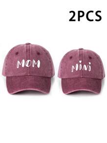2pcs MAMA + MINI Heart Print Adjustable Washed Baseball Cap, Outdoor Sun Hat Suitable For Boys & Girls, Casual, Travel, Beach, Spring/Autumn