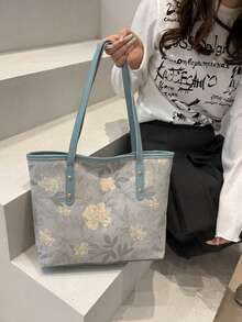 抽绳新款2025大容量帆布单肩包，日式字母印花尼龙托特包手提包通勤包