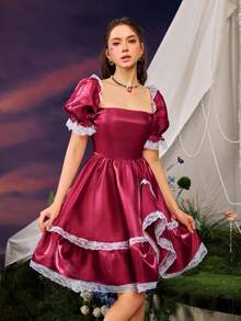 Faeriesty 优雅的方形领口泡泡袖 A 字连衣裙 | 蕾丝边春夏飘逸套装，适合花园派对、婚礼、早午餐和正式活动