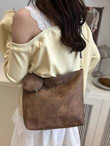 2件套欧美时尚手提包、单肩包、托特包，大容量，高品质，通勤包，水桶包，女士包 - 棕色 - 查看 6