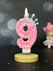 1pc Pink Crown C Hildren's Birthday Candles, 0-9 Number Candle For Cake Topper, Handcraft Glitter Candle For Party Supplies, Crown Theme Pink Glitter Creative Number 0-9 Candles For Princess Female Party Birthday Wedding Anniversary Celebration Supplies Gifts Graduation