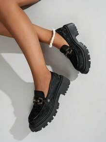 Vielseitige Damen Lässig Schleife Dekor Niedrig Absatz Easy-On Loafer, glänzendes Material retro elegant britischer Stil bequeme Plateausohle Flach Schuhe, schwarz, weicher PU Material britischer Stil Flach Lässig Pendelverkehr Flache Schuhe, Frühling-Herbst