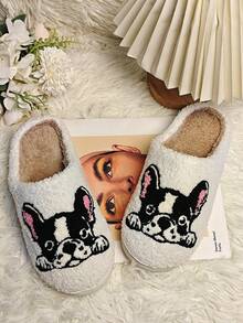 New European & American Cross-Border Cartoon Animal Cat, Dog, Lion, Rabbit, Cherry Embroidered Fabric Slippers, Unisex Cozy Winter Plush House Slippers, Couple Warm Slippers - Black Powder - View 3