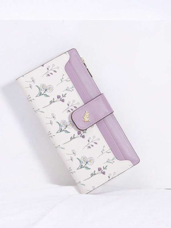 Suphiar Carteira Longa Feminina SUPHIAR - Estampa Floral Fresca Azul Claro com Botão de Pressão + Slots para Cartões Multiuso com Folha Dourada Design com Zíper para Carteira Feminina