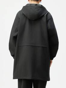 Plus Size Men's Solid Color Long Sleeve Hooded Long Jacket, Suitable For Autumn - Black - View 7