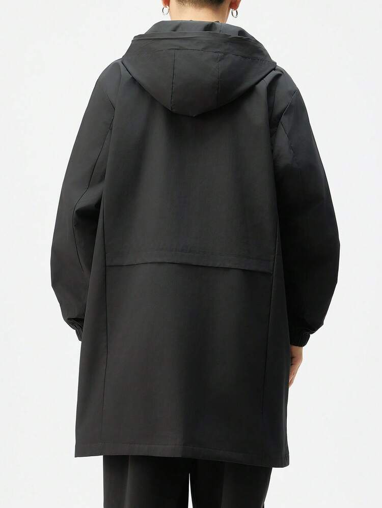 Plus Size Men's Solid Color Long Sleeve Hooded Long Jacket, Suitable For Autumn - Black - View 7