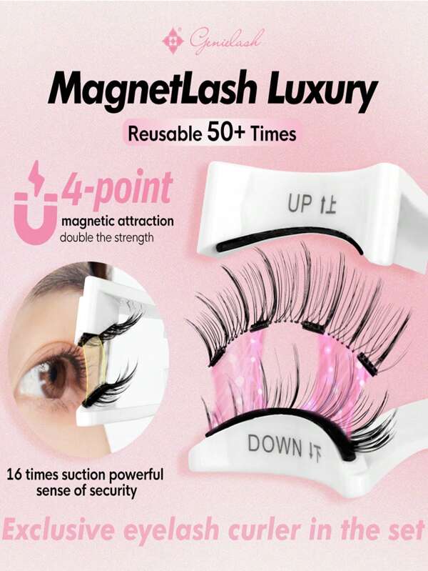GENIELASH Magnetic Eyelashes 4 Pieces(1 Pair) With Clip Reusable Natural False Eyelashes No Glue 3D False Eyelash For Makeup