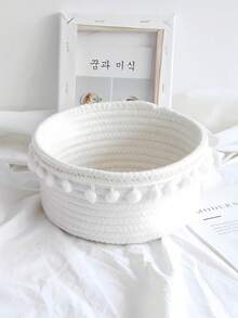 1 件现代手工编织圆球流苏篮，日式白色收纳篮，用于桌面杂物、零食、玩具和钥匙整理 - 白色 - 查看 2