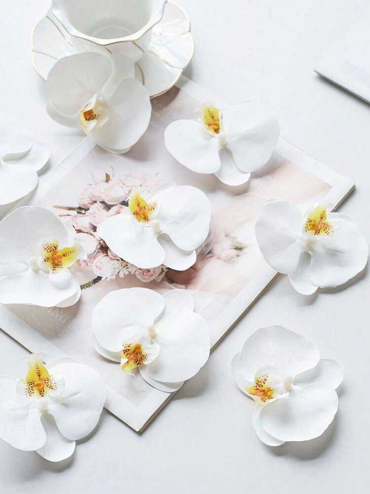 1pc/6/7/8/12/15pcs Orchid Petals, 3.9in Real Touch PU Artificial Phalaenopsis Flower Heads,Fake Butterfly Orchid Heads Bulk For Wedding Floral Bouquet Decor DIY Craft Making Bridal Shower Photography Props - White - View 9