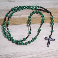 1pc Fashion Retro Style Jewelry, Natural Stone Round Beads Malachite Hematite Cross Religious Rosary Beads Men's Long For Daily Wear - Green - View 4