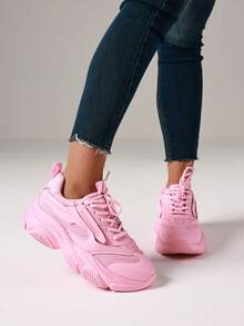 Women's Breathable Flat Sneakers Fashion Chunky Lace-Up Casual Comfortable Platform Sneakers Workout Sport Running Walking Tennis Shoes - 粉色 - 查看 8