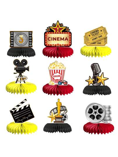 9 peças de centro de mesa de aniversário com tema de filme em formato de favo de mel, enfeites de decoração para festas de cinema clássicas e rosa, enfeites de mesa para festas com tema de filme, suprimentos para home theater