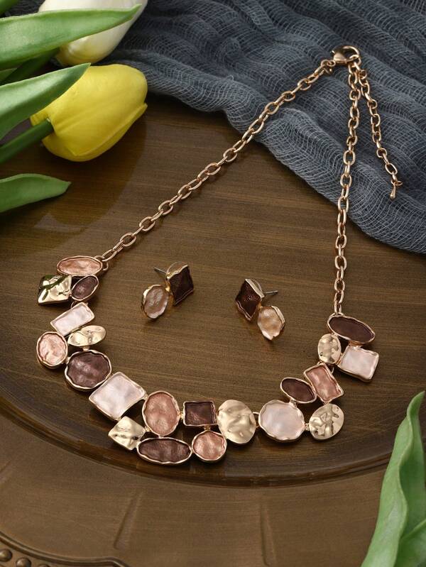 Cring Coco Set di gioielli regolabili in lega di zinco per donne - orecchini e collana dallo stile retrò elegante e minimalista, con design a quadrato e cerchio combinati, versatili per uso quotidiano, feste e vacanze