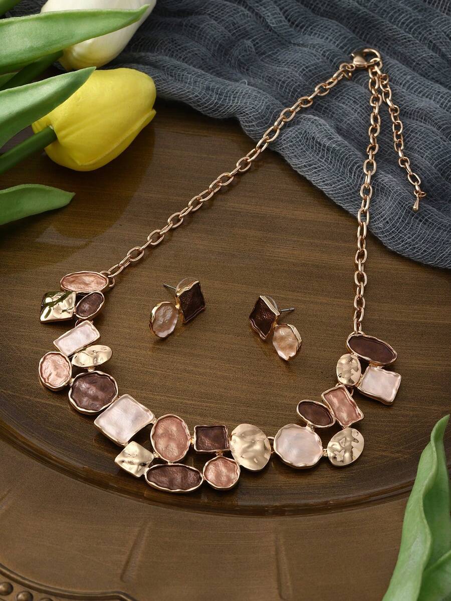 Cring Coco Set Perhiasan Anting & Kalung Paduan Seng yang Dapat Diatur untuk Wanita - Desain Benturan Persegi & Bulat Gaya Retro Minimalis Elegan, Serbaguna untuk Pemakaian Sehari-hari, Pesta, Liburan - Dril - View 1
