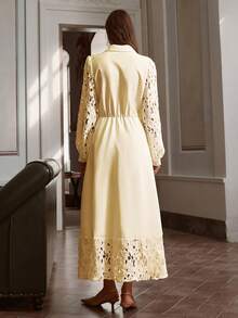 Simplee Women's Spring/Summer New Elegant Solid Color Hollow Lace Patchwork Button Decor Dress, Wedding Guest Dress, Vintage Style - Yellow - View 8