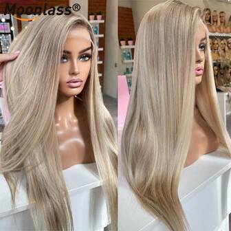 Highlight Beige Blonde Wig Human Hair 13x4 UHD Transparent Lace Front Human Hair Wigs Balayage Straight Human Hair Wigs For Women Pre Plucked 180 Density Ombre Blonde 22inch Wigs