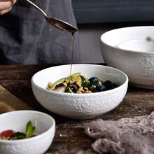 浮雕图案陶瓷家用碗，简约圆形纯色汤/沙拉/米饭碗，创意搅拌/烘焙碗，现代清新风格，光滑耐用，易于清洁