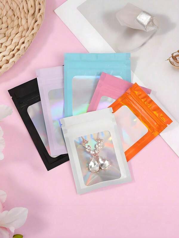 25pcs Holographic Rainbow Resealable Bags, Laser Colorful Self-Seal Bags, Jewelry Pouches, Rainbow Foil Bags, Metallic Bags, Rainbow Holographic Packaging Bags, Great For Party Supplies, Food Storage, Clear Window Flat Pouches - Ideal For Party Foods, Candies, Jewelry, Essentials, Holographic Laser Gold Zipper Gift Bags, Christmas, Valentine's Day
