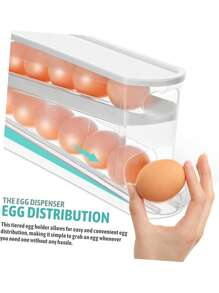 Transparent Egg Storage With Automatic Rolling Function, Double Layer Plastic Egg Holder - Side Sliding Organizing Rack - Transparent Kitchen Egg Storage Container Holds Approx. 14 Eggs