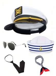 Conjunto de gorro de marinero ajustable blanco y negro, gorra de capitán a rayas, bufanda a rayas, gafas de sol de aviador negras, accesorios de disfraz naval, apropiado para fiestas, actuaciones, gorro de enfermera, boina, atuendo del Día de San Valentín