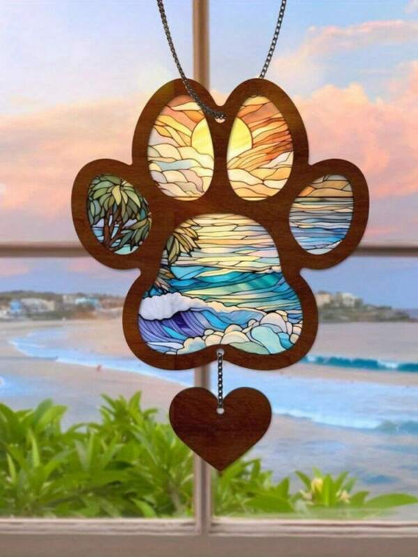 New Style 2D Acrylic Paw Print Hanging Decoration, Rainbow Landscape For Door, Window, Car Interior Decor