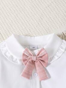 Girls' Peter Pan Collar Long Sleeve Shirt & Plaid Skirt 2pcs Set,Cute Outdoor Outfit For Spring/Autumn