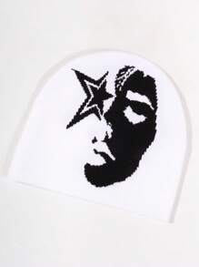 1pc Face Pattern Intarsia Knit Beanie Hat, Fashionable Y2K Vibe, Warm And Windproof