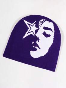 1pc Face Pattern Intarsia Knit Beanie Hat, Fashionable Y2K Vibe, Warm And Windproof