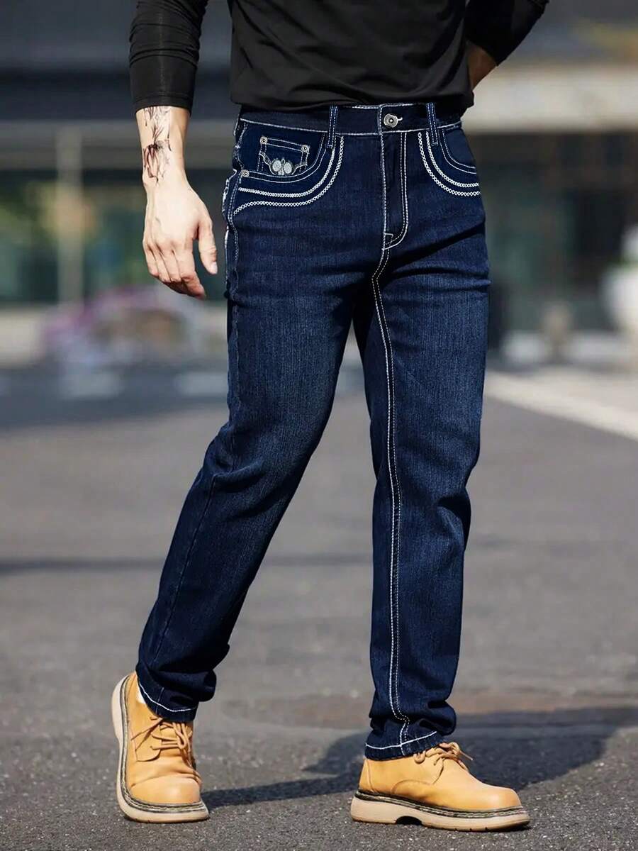Men's Casual Slim Fit Stretch Denim Jeans,Long Jeans, For Husband, Boyfriend Gifts - 藏蓝色 - 查看 1