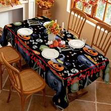 1pc Rectangular Tablecloth With Whimsical Halloween Theme, Colorful Skull, Ghost, Pumpkin Elements, Suitable For Daily Home, Living Room, Dining Room, Theme Party Events, Washable And Reusable