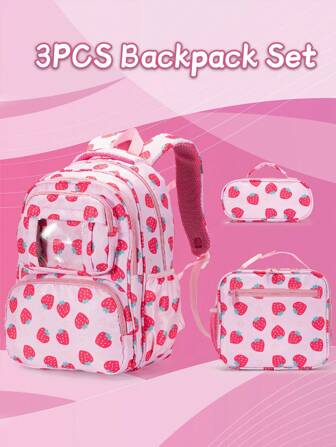 GUSTELL 3-Piece Set Kids/Toddlers Backpack Combo With Lunch Box & Pencil Case, Strawberry Pattern. Suitable For Notebook, Travel, Camping, Outdoor. Padded Back & Adjustable Straps, Fashionable Print, Ideal School Backpack Gift