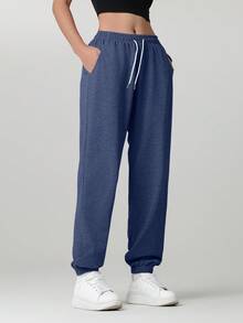 1 条女式纯色休闲口袋裤，适合徒步旅行、旅行、锻炼、跑步、骑自行车、运动 - 藏蓝色 - 查看 3