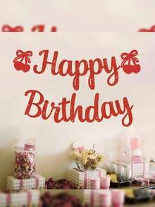 Cherry Birthday Banner - Funny Fruit Theme Happy Birthday Sign, Cherry 1st Birthday Bridal Shower Banner, Cherry Theme Birthday Party Decorations Red Glitter - Multicolor - View 5