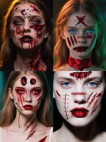30 张万圣节假疤痕纹身临时、假血、假缝线、假伤口、恐怖脸、吸血鬼僵尸脸纹身化妆贴纸套装适用于恶作剧角色扮演节万圣节派对 - 彩色 - 查看 2