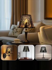 1pc Metal Laser Cut Chrysanthemum, Sun, Moon & Forest Tree Pattern Round Lamp Shade, Compatible With E27/E26 Bulbs, Includes E27 To E14 Adapter Ring, Suitable For Industrial Vintage Table Lamp, Wall Lamp Shade, Artsy Decorative Lighting Accessory, Creative Home Atmosphere Lamp Shade, Lamp Shade Size: 19cm Diameter X 15cm Height