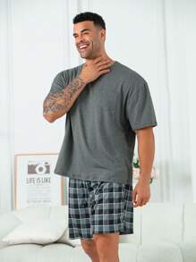 2pcs/Set Oversized Men's Casual Loose Pocket Round Neck Short Sleeve Plaid Shorts Pajama Set, For Spring/Summer Loungewear