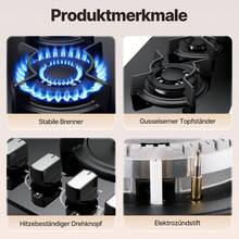 IsEasy WEHIMO Gas Hob With 4 Burns, Built-In Gas Hob, 60 Cm, Cast Iron Grill, 7800W, City Gas And Bottle, Black Glass - EU C Type Plug(220-240V) - View 4