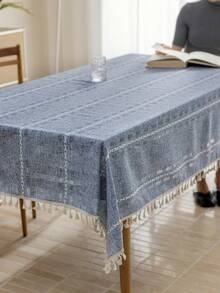 1pc Scandinavian Style Blue Lattice Hollow-Out Tablecloth, Rectangle Striped Embroidered Tassel Multifunctional Cover Cloth, Suitable For Festival, Party, Birthday, Dinner, Home, Dorm Decor