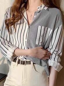 ii Plus Size Women's Long Sleeve Single Breasted Stylish Minimalist Striped Longline Shirt