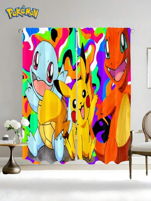 pokemon 2pcs/Set Pokemon Licensed Semi-Blackout Curtains, Polyester Fabric Washable Curtains For Home, Bedroom, Decoration, Suitable For Daily Use And Occasions Like Kitchen, Room Decor, Wall Decor