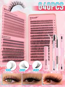Waloshow DIY 640 件 D 卷单簇睫毛延长套装，10-16 毫米 30D+40D+50D 黑色浓密束假睫毛，D 卷簇睫毛延长套装，适合家庭使用浓密轻盈的睫毛延长睫毛簇套装，睫毛，睫毛，假睫毛 - 黑色 - 查看 4
