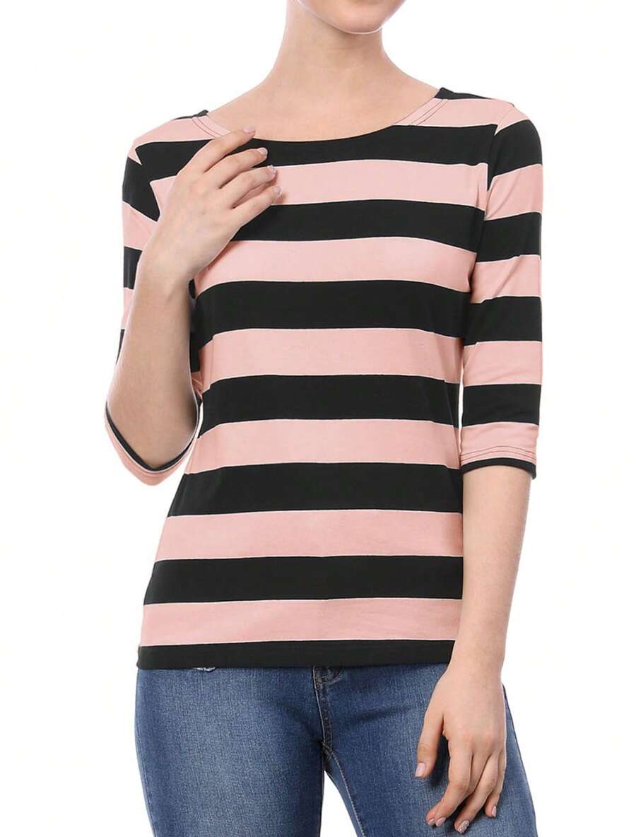 Women's Summer Slim Fit Half-Length Sleeves Elbow Sleeve Striped Boat Neck T-Shirt