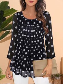 CheersLife 女式七分袖束腰上衣休闲宽松花卉衬衫网眼褶皱多层衬衫 - 黑色 - 查看 1