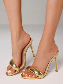 High Heels Sandals For Women Round Toe Mule Slides With Thin Straps, Sexy Comfortable Slip On Sandals For Party Dating  - 金色A - 查看 2